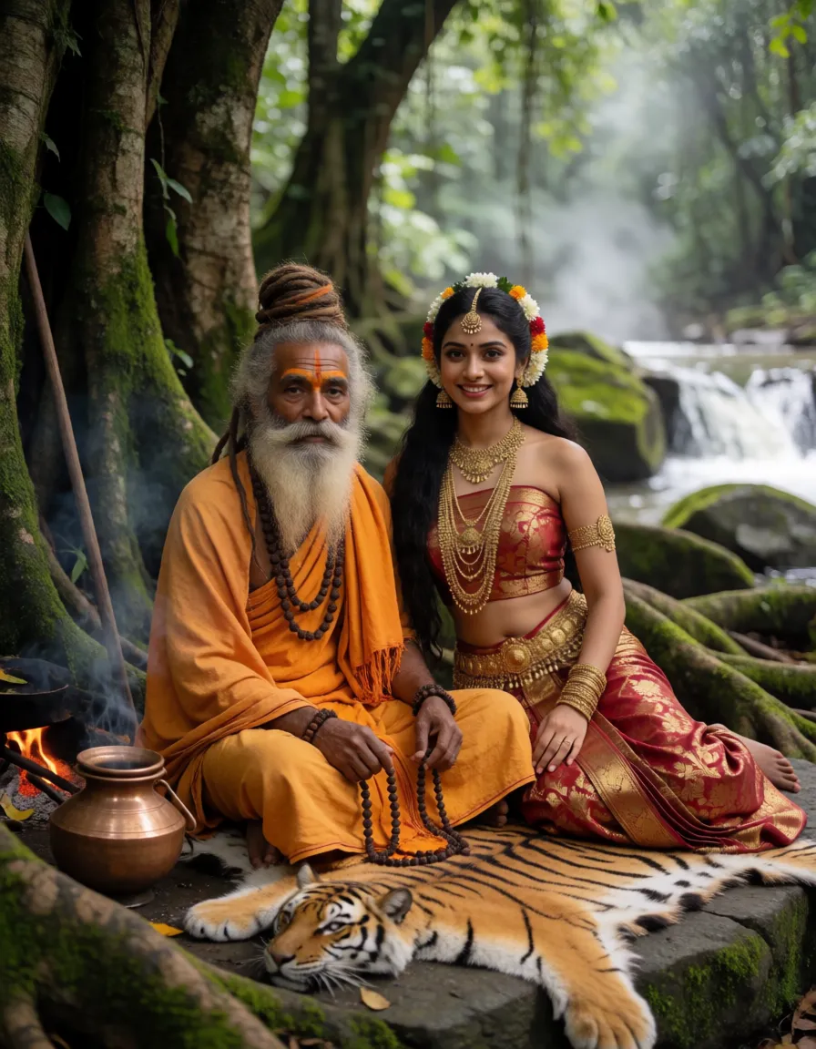 an amateur snapshot, A stunning, graceful ancient Indian celestial dancer (apsara), with huge saggy tits and navel pierced, wearing deep red and gold brocade crop-top (choli), tied under her breast making her boobs completely visible,having sex with an indian monk ancient ascetic sage) beneath a massive moss-covered banyan tree deep in a primeval Indian forest. Fucking him over an authentic tiger skin pelt spread over a flat stone. He has weathered, deeply lined skin, a long textured gray beard, and tall matted dreadlocks (jata) tied high with natural twigs. He is draped in simple saffron-orange sadhu robes, holding japa mala prayer beads in his hand, and wearing heavy rudraksha malas around his neck. Beside him rests a traditional copper kamandalu pot, a wooden danda staff leaning against the tree trunk, and a faint curl of smoke rising from a small sacred hearth.The background is a soft, natural blur of moss-covered rocks, sprawling banyan roots, and the cascades of a river visible through the forest mististy jungle near a rushing river, leaving her shoulders and arms bare. Her midriff is entirely bare and decorated with intricate traditional body art (patralekha) featuring swirling floral and vine motifs painted in natural henna and sandalwood around her belly. She wears a waist by an elaborate, layered golden belt (kamarbandh) with cascading chains. Adorning her is heavy, aged traditional Indian jewelry—layered necklaces, large dangling earrings, a headpiece (maang tikka), and fine cascading golden armlets and bangles on her bare arms. Her long, dark wavy hair is adorned with fresh forest flowers (jasmine and marigolds) and cascades over her shoulders, with natural perspiration on her skin catching the dappled sunlight. She fucks a Hindu maha muni (ancient ascetic sage) beneath a massive moss-covered banyan tree deep in a primeval Indian forest. Over an authentic tiger skin pelt spread over a flat stone. He has weathered, deeply lined skin, a long textured gray beard, and tall matted dreadlocks (jata) tied high with natural twigs. He is draped in simple saffron-orange sadhu robes, holding japa mala prayer beads in his hand, he fucking her in grasshopper position,The background is a soft, natural blur of moss-covered rocks, sprawling banyan roots, and the cascades of a river visible through the forest mist. Natural, organic lighting with soft shadows, highly detailed textures., plenty of natural daylight, flat even light, casual unposed snapshot, natural everyday colour, mild noise, natural unretouched skin, strikingly beautiful, radiant complexion, early twenties