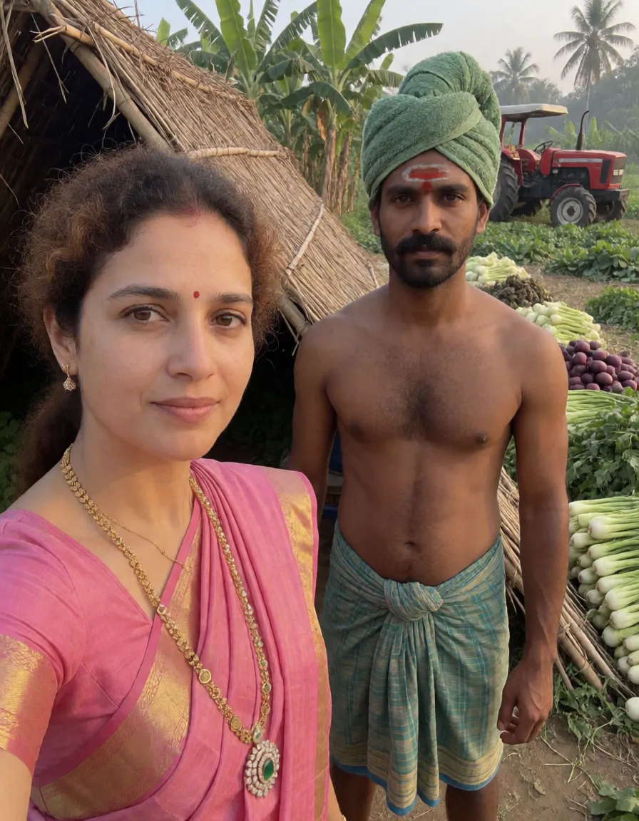 an amateur snapshot, ultra high defination image of a gorgeous white coloured South Indian cute faced malayali, brown curly haired, married woman aged around 26,with huge saggy tits,dark nipple, navel pierced with Ruby gem, wearing a pink silk cloth used as jacket tied under her breast making her boobs completely visible, she adoring a lengthy gold chain with huge middle finger diamond pendant, and also a delicate nose ring, adoring seven layered diamond waist chain with emerald belt buckle,adoring her auspicious marriage rope(thali), wearing Nike Jordan shoes.Fucking a vegetable vendor a young man with a mustache, bare chested, wears a neatly tied green thundu (towel) on his head, a red tilak on his forehead, and a patterned green and blue lungi.fucking her in his coir rope cot (kattil).He fucking her from behind harder, inside a bambo tent of his vegetable farm,she expressing her joyfull moment and watching viewers, eating a carrot. To the right of the tent, several piles of vegetables , are stacked, along with a red farm tractor visible in the distance. Lush banana trees and other vegetation are visible under a warm morning., plenty of natural daylight, flat even light, casual unposed snapshot, natural everyday colour, mild noise, natural unretouched skin, strikingly beautiful, radiant complexion, early twenties