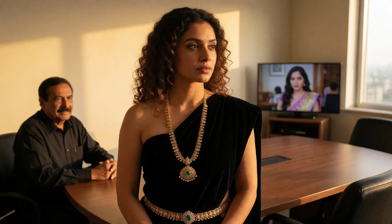 a photograph, ultra high defination image of a gorgeous white coloured South Indian cute faced malayali, brown curly haired, married woman aged around 28,with huge saggy tits,dark nipple, navel pierced with Ruby gem, wearing a black velvet cloth used as blouse tied under her breast making her boobs completely visible, she adoring a lengthy gold chain with huge middle finger diamond pendant, and also a delicate nose ring, adoring seven layered diamond waist chain with emerald belt buckle,adoring her auspicious marriage rope(thali), wearing Nike Jordan shoes.having sex with her boss elderly indian man with a mustache,  wears a black shirt.fucking her in his conference table.He fucking her from behind harder, inside his corporate office ,she expressing her joyfull moment and watching viewers.onnthe right corner of the room a tv is placed and porn movie is playing in it., warm golden afternoon daylight, soft natural shadows, warm amber tones, gentle contrast, fine film grain, smooth clear skin, strikingly beautiful, radiant complexion, early twenties