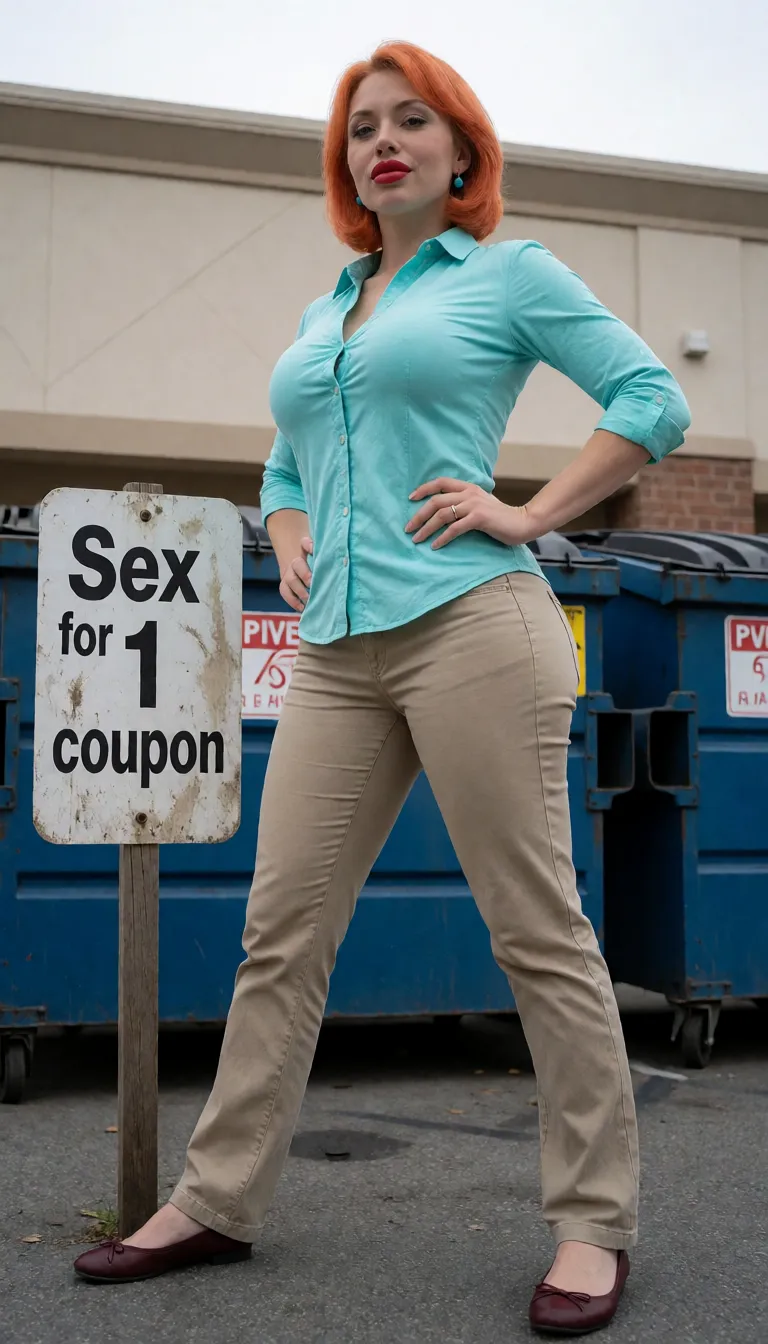 an amateur snapshot, Lois stands upright with her feet planted wide apart and her hands on her hips. Beside her stands a dirty sign reading "Sex for 1 coupon." The scene takes place behind a supermarket near the dumpsters; the shot is taken from a low angle.Lois Griffin (from the series *Family Guy*; hereinafter "Lois")—depicted with a realistic face—has very full buttocks, a large bust, a slim waist, and a toned figure; she has extremely plump lips. Lois is wearing form-fitting casual clothing: a turquoise button-down shirt with three-quarter-length sleeves and a collar, long khaki trousers, and burgundy ballet flats.Lois is wearing blue earrings. She has bright red lipstick on her lips and a wedding ring on her finger., plenty of natural daylight, flat even light, casual unposed snapshot, natural everyday colour, mild noise, natural unretouched skin, strikingly beautiful, radiant complexion, early twenties
