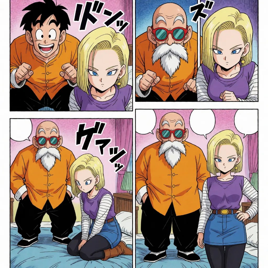comic book art, Hentai, Dragon Ball, Master Roshi having sexual intercourse with Android 18, 4-panel layout (mixed sizes), Panel 1: Male, grinning, hovering over, missionary position, thrusting; Female, panting heavily. Panel 2: Male, grinning, hovering over, missionary position, creampie; Female, peak of pleasure, screaming. Panel 3: Male, standing; Female, kneeling, performing fellatio, working hard. Panel 4: Male, standing, thrusting penis deep into female's mouth, oral ejaculation; Female, swallowing semen with a slightly pained expression. Overall setting: Bedroom; anime color, flat color, fine lines, delicate linework, motion effects, speed effects, Japanese text sound effects, Japanese text speech bubbles, masterpiece, best quality, ultra-detailed., bold black ink outlines, halftone dot shading, cross hatched shadows, flat four colour print palette, hard high contrast comic inking, printed comic page, strikingly beautiful, radiant complexion, early twenties