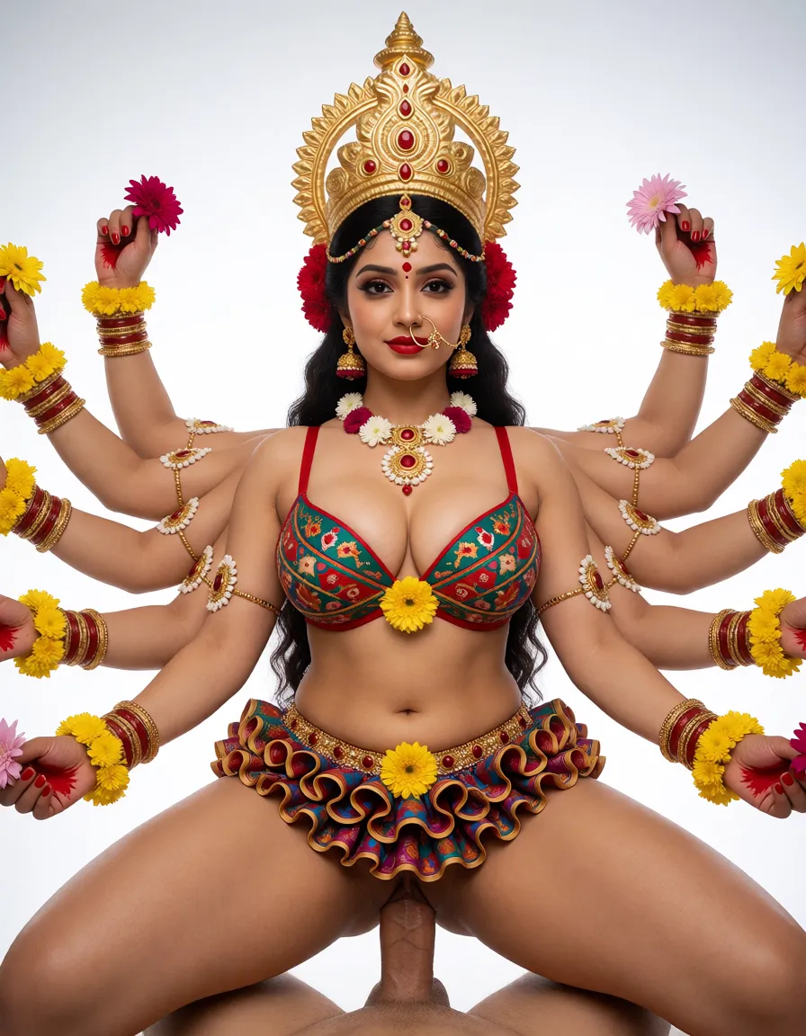 a studio photograph, Adult Mother Goddess with multiple arms, ethnicity Hindu, Bengali, red lipstick, Accurate Anatomy, symmetrical body structure, Big chest, Thick thighs and arms, thick pelvis, tight fitting bra with intricate patterns and baggy mini skirt with curls and frills, Adorned Heavily in Indian Ornaments, black eyes, POV Sex, Symmetrical Tight Straddling Position, Having sex with viewer, big all around Mukut Crown, devine radiance, Calm and Graceful Expression, confident smile, flowers around in Symmetrical order, holding flowers, floral necklace,, even shadowless studio light, plain white background, clean rich colour, flawless polished skin, strikingly beautiful, radiant complexion, early twenties