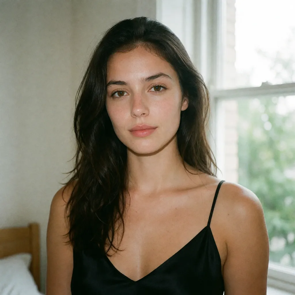 an amateur snapshot, a woman with long dark hair in a black silk slip, soft window light, shot on film, plenty of natural daylight, flat even light, casual unposed snapshot, natural everyday colour, mild noise, natural unretouched skin, strikingly beautiful, radiant complexion, early twenties