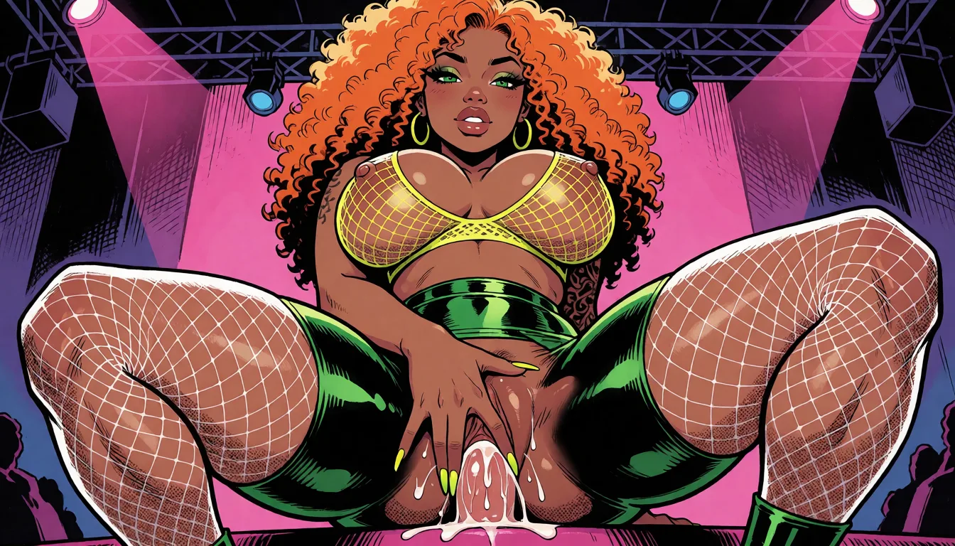 comic book art, Latina pornstar with huge orange curly hair, naked huge boobs, fishnet yellow bra, latex green pants, spreading legs, masturbating, hands with long yellow and green nails, wet pussy, white fishnets, dark skin, tattoo on one arm, scene in sex club stage,shiny green eyes, bold black ink outlines, halftone dot shading, cross hatched shadows, flat four colour print palette, hard high contrast comic inking, printed comic page, strikingly beautiful, radiant complexion, early twenties