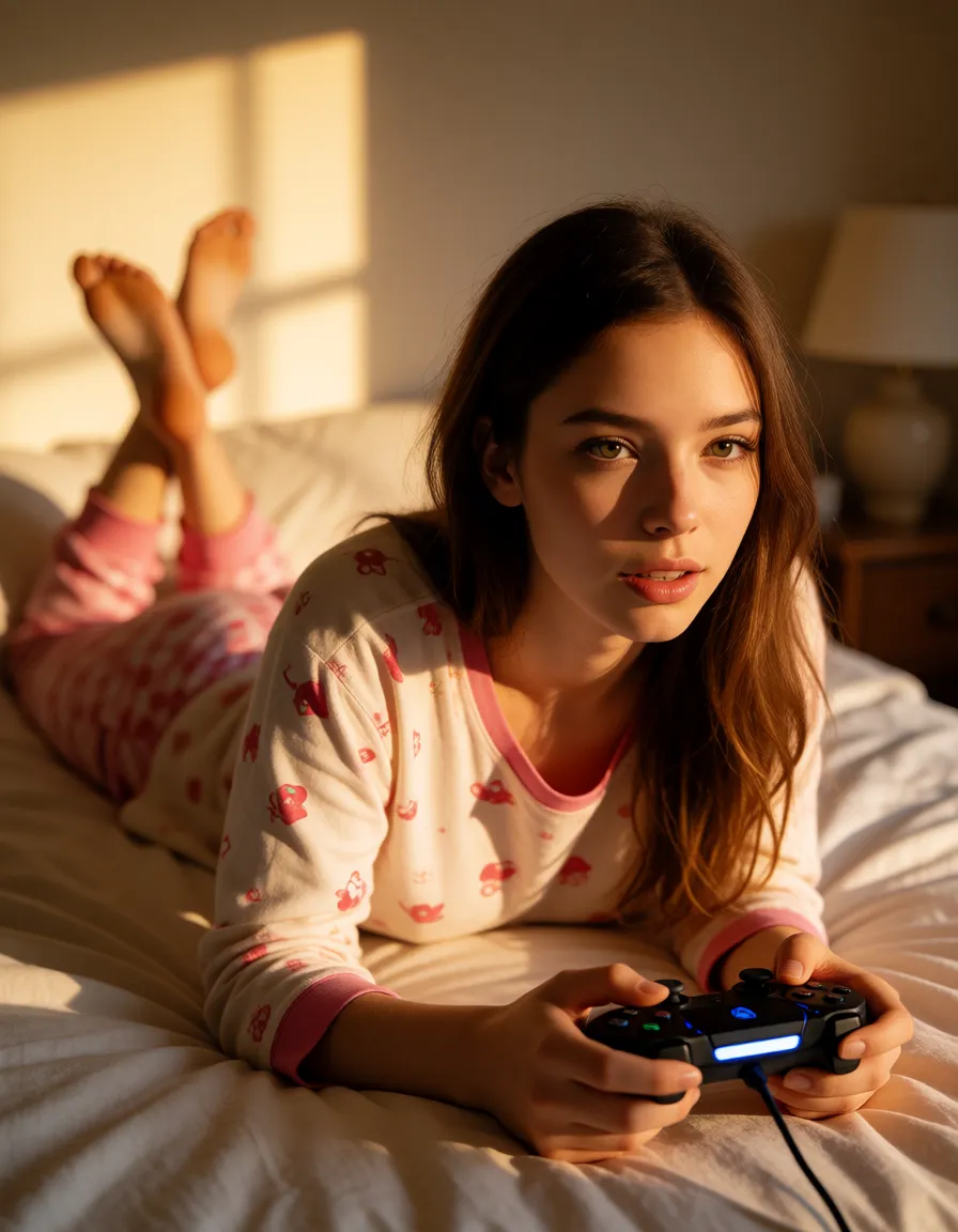 a photograph, Woman next door, 21yo, Slim frame gamer woman playing video games, wearing pajamas, laying on stomach, on bed, anal sex, warm golden afternoon daylight, soft natural shadows, warm amber tones, gentle contrast, fine film grain, smooth clear skin, strikingly beautiful, radiant complexion, early twenties