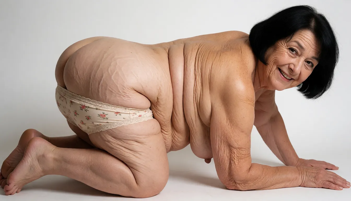 a studio photograph, A highly detailed photorealistic full-body portrait of a plump elderly woman with fair skin showing deep wrinkles and cellulite across her face neck chest shoulders arms and torso, positioned on all fours in a forward-leaning pose on a plain light-colored surface with knees bent fat flabby legs spread and bare feet visible, her flat sagging buttocks prominently displayed with thick natural folds and stretch marks wearing beige floral-patterned panties with delicate floral prints and lace trim pulled down, her bare back and upper back fully exposed with visible skin texture she is leaning on her left forearm which supports her weight while her right hand rests on the surface behind her her short black bob haircut frames her face her head turned toward the viewer with a warm genuine smile revealing teeth and bright expressive eyes making direct eye contact her right shoulder slightly raised and her body angled from lower left to upper right, even shadowless studio light, plain white background, clean rich colour, flawless polished skin, strikingly beautiful, radiant complexion, early twenties