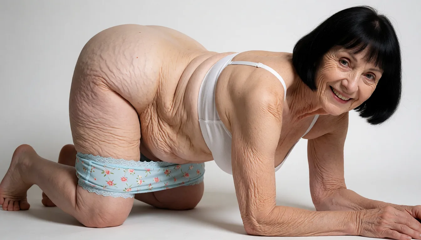 a studio photograph, A highly detailed photorealistic full-body portrait of a plump elderly woman with very pale skin showing deep wrinkles and cellulite across her face neck chest shoulders arms and torso, positioned on all fours in a forward-leaning pose on a plain light-colored surface with knees bent fat flabby legs spread and bare feet visible, her flat sagging buttocks prominently displayed with thick natural folds and stretch marks wearing light blue floral-patterned panties with delicate floral prints and lace trim pulled down to her knees, white cotton bra, her bare back and upper back fully exposed with visible skin texture she is leaning on her left forearm which supports her weight while her right hand rests on the surface behind her her short black bob haircut with bangs frames her face, her head turned toward the viewer with a warm genuine smile revealing teeth and bright expressive eyes making direct eye contact her right shoulder slightly raised and her body angled from lower left to upper right, narrow face and narrow neck, even shadowless studio light, plain white background, clean rich colour, flawless polished skin, strikingly beautiful, radiant complexion, early twenties
