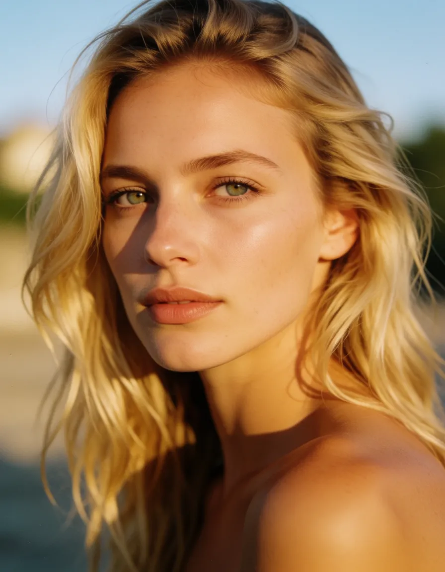a photograph, a woman with blonde hair sucks a penis, warm golden afternoon daylight, soft natural shadows, warm amber tones, gentle contrast, fine film grain, smooth clear skin, strikingly beautiful, radiant complexion, early twenties