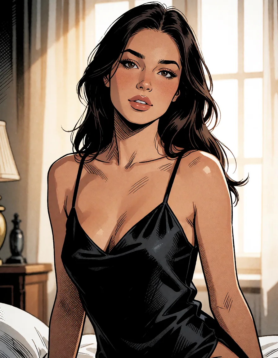 comic book art, a woman with long dark hair in a black silk slip, soft window light, shot on film, bold black ink outlines, halftone dot shading, cross hatched shadows, flat four colour print palette, hard high contrast comic inking, printed comic page, strikingly beautiful, radiant complexion, early twenties