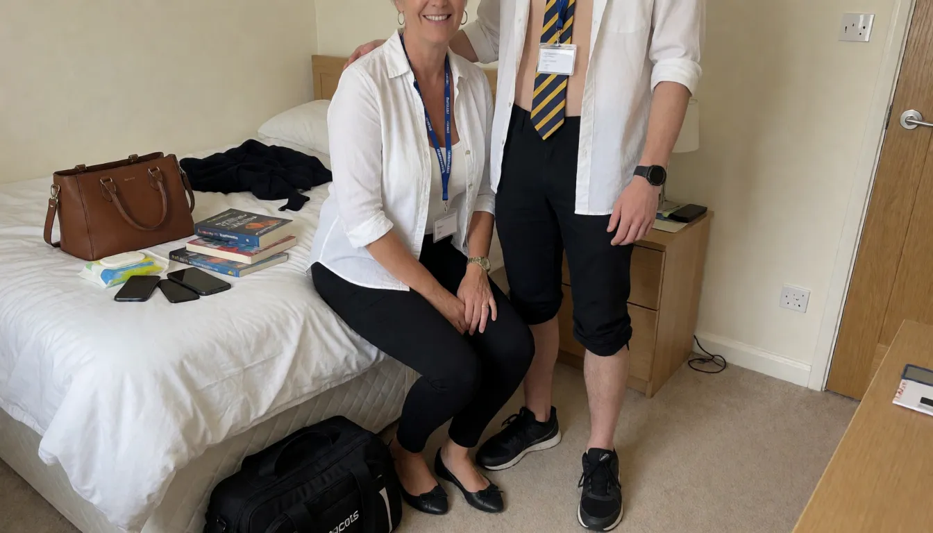 an amateur snapshot, In a family bedroom. A tall blonde 37 year old woman, with short hair, gold hoop earrings. No make up or lipstick, slim with good curvy figure, wearing white shirt which is opened from the top, , tight black trousers, a lanyard, flat shoes, is kneeling on the floor sucking the big fat 9 inch long hard cock of a thin 18 year old short man, her eyes are closed ,you can't see above his shoulders. He is standing in front of her. He is wearing opened white shirt, a lanyard and his black trousers are around his knees, he has one hand on her shoulder, no underwear. He he is wearing a striped yellow and blue tie. He is wearing black trainers. On the bed is a brown handbag, a few science books and 2 mobile phones and a packet of wet wipes. There is a black sports bag on the floor: there is a clearly written typed note on the wall of the bedroom that says ' mm I love sucking your big fat cock Joe ' she is wearing a gold watch and has a diamond engagement ring plus thick gold wedding band on her finger and gold bracelet. He is wearing black sports watch. There is another note typed that clearly says 'is this better than wanking over milfs on pornhub ?' Another clearly written note on the wall in type says ' Miss, Becky tried to suck it but said it was too big', plenty of natural daylight, flat even light, casual unposed snapshot, natural everyday colour, mild noise, natural unretouched skin, strikingly beautiful, radiant complexion, early twenties