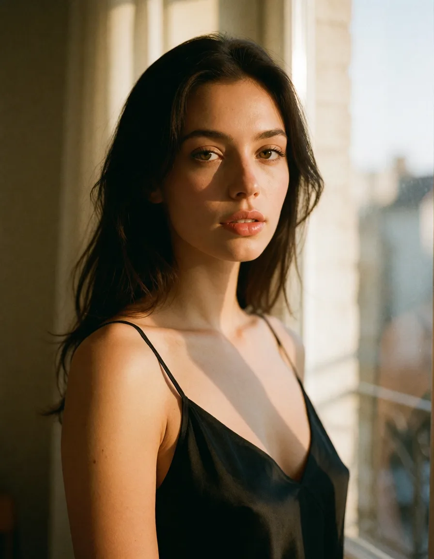 a photograph, a woman with long dark hair in a black silk slip, soft window light, shot on film, warm golden afternoon daylight, soft natural shadows, warm amber tones, gentle contrast, fine film grain, smooth clear skin, strikingly beautiful, radiant complexion, early twenties