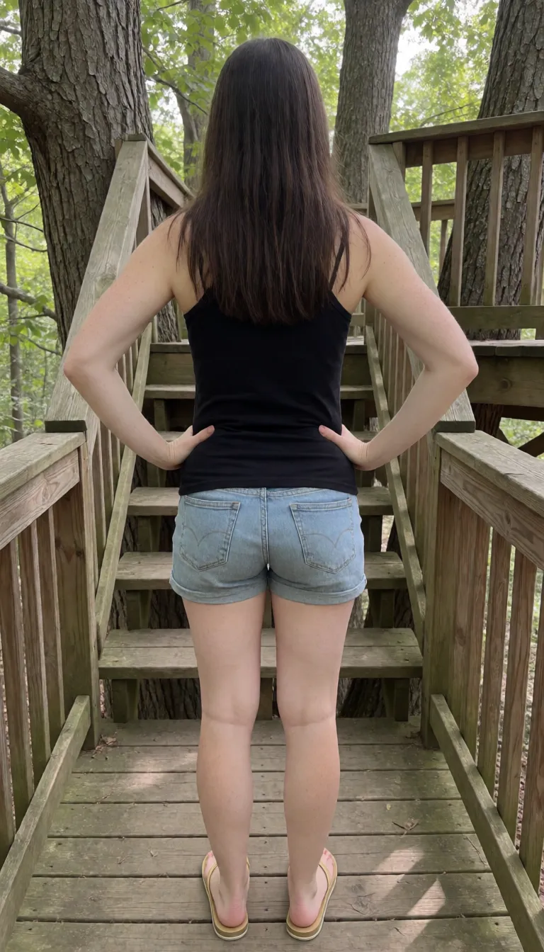 an amateur snapshot, Caucasian, dark_brown_hair, straight_hair, pale_skin, freckles, skinny, feminine_figure, futanari, gold_nail_polish, gold_flip_flops, standing, hands_on_own_hips, full_body, sweaty, from_behind, opulent_tree_house, plenty of natural daylight, flat even light, casual unposed snapshot, natural everyday colour, mild noise, natural unretouched skin, strikingly beautiful, radiant complexion, early twenties