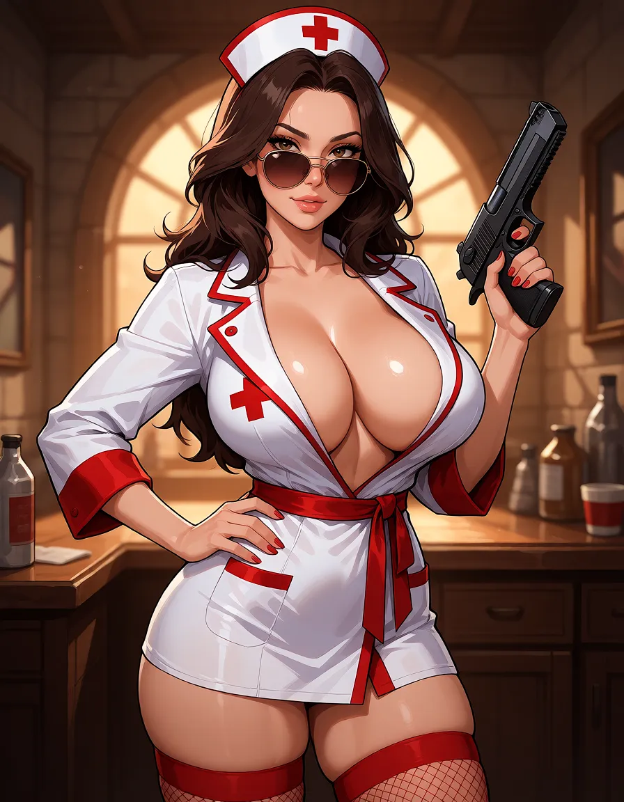 hentai anime art, A curvy brunette MILF, 150 cm tall, with natural size-3 breasts and brown eyes; *Once Human* video game style; the MILF is posing while standing, wearing a sexy nurse's outfit (robe and cap) and sunglasses, along with red fishnet stockings, and holding a Desert Eagle pistol., clean lineart, smooth cel shading, glossy highlights, saturated warm colour, drawn illustration, strikingly beautiful, radiant complexion, early twenties