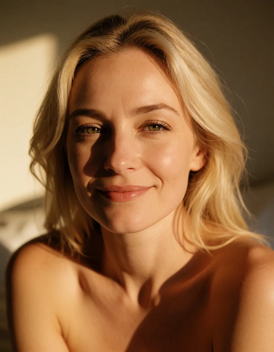 a photograph, I was invited to bed by a beautiful wife in her 50s with a lovely smile., warm golden afternoon daylight, soft natural shadows, warm amber tones, gentle contrast, fine film grain, smooth clear skin, strikingly beautiful, radiant complexion, early twenties