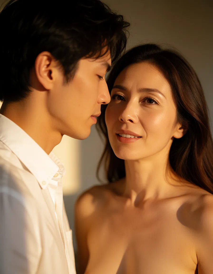 a photograph, I am Japanese, in my 20s, male, and good-looking. Today, a charming, beautiful woman in her 50s at my workplace asked me to have sex with her completely naked., warm golden afternoon daylight, soft natural shadows, warm amber tones, gentle contrast, fine film grain, smooth clear skin, strikingly beautiful, radiant complexion, early twenties