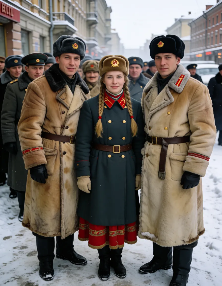 an amateur snapshot, Naked short skinny Slavic woman with big saggy breasts slav-squatting on snowy Moscow street in winter, blonde braids, Soviet pelt hat, leather collar with hammer and sickle, leather slave cuffs, heavy nipple rings with Soviet medals hanging, hammer and sickle pubic tattoo, body covered in Soviet medals tattoos, Stalin and Lenin tattoos, CCCP tattoos, Russian poem on bosom. She sucks two tall Russian men in pelt coats standing over her, their cocks in her mouth and on her face, thick cum on her tongue, cheeks, breasts and hair, steaming breath in the cold. Behind them a long soup line of Soviet civilians and soldiers, steaming soup kettle over an open fire, snow, Moscow city in Soviet times, winter coats, red noses., plenty of natural daylight, flat even light, casual unposed snapshot, natural everyday colour, mild noise, natural unretouched skin, strikingly beautiful, radiant complexion, early twenties