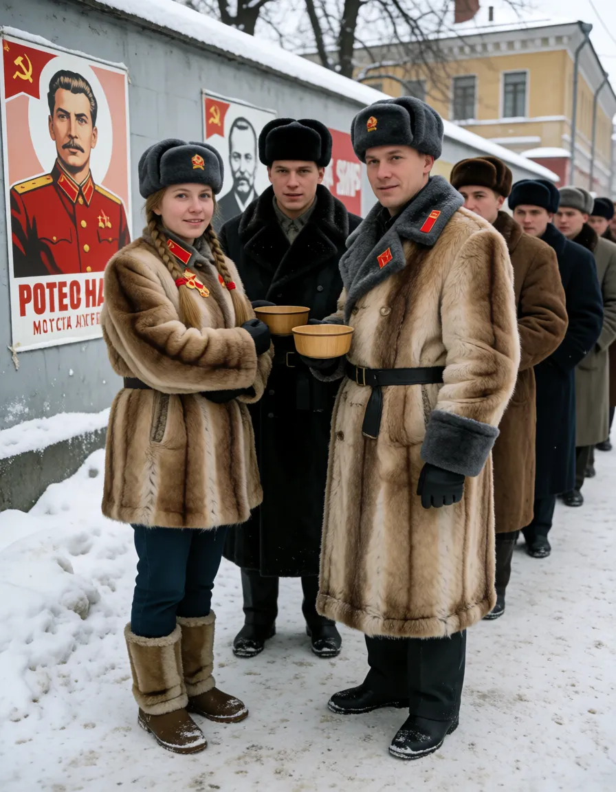 an amateur snapshot, Naked short skinny russian woman with big saggy breasts slav-squatting on snowy Moscow street in winter, blonde braids, sad, Soviet pelt hat, long soviet pelt boots, hugging herself with one arm, leather collar with hammer and sickle, leather slave cuffs, heavy nipple rings with Soviet medals hanging, hammer and sickle pubic tattoo, body covered in Soviet medals tattoos, Stalin and Lenin tattoos, CCCP tattoos, Russian poem on bosom. She sucks two tall Russian men in pelt coats standing over her, their cocks in her mouth and on her face, thick cum on her tongue, cheeks, breasts and hair, steaming breath in the cold. One younger Russian men with soft dick in her mouth, Behind them a long soup line of Soviet civilians with empty wooden soup bowls, steaming soup kettle over an open fire, snow, Moscow city in Soviet times, wall with Soviet propaganda poster of her sucking cocks proud, winter coats, massive saliva all over her legs,, plenty of natural daylight, flat even light, casual unposed snapshot, natural everyday colour, mild noise, natural unretouched skin, strikingly beautiful, radiant complexion, early twenties