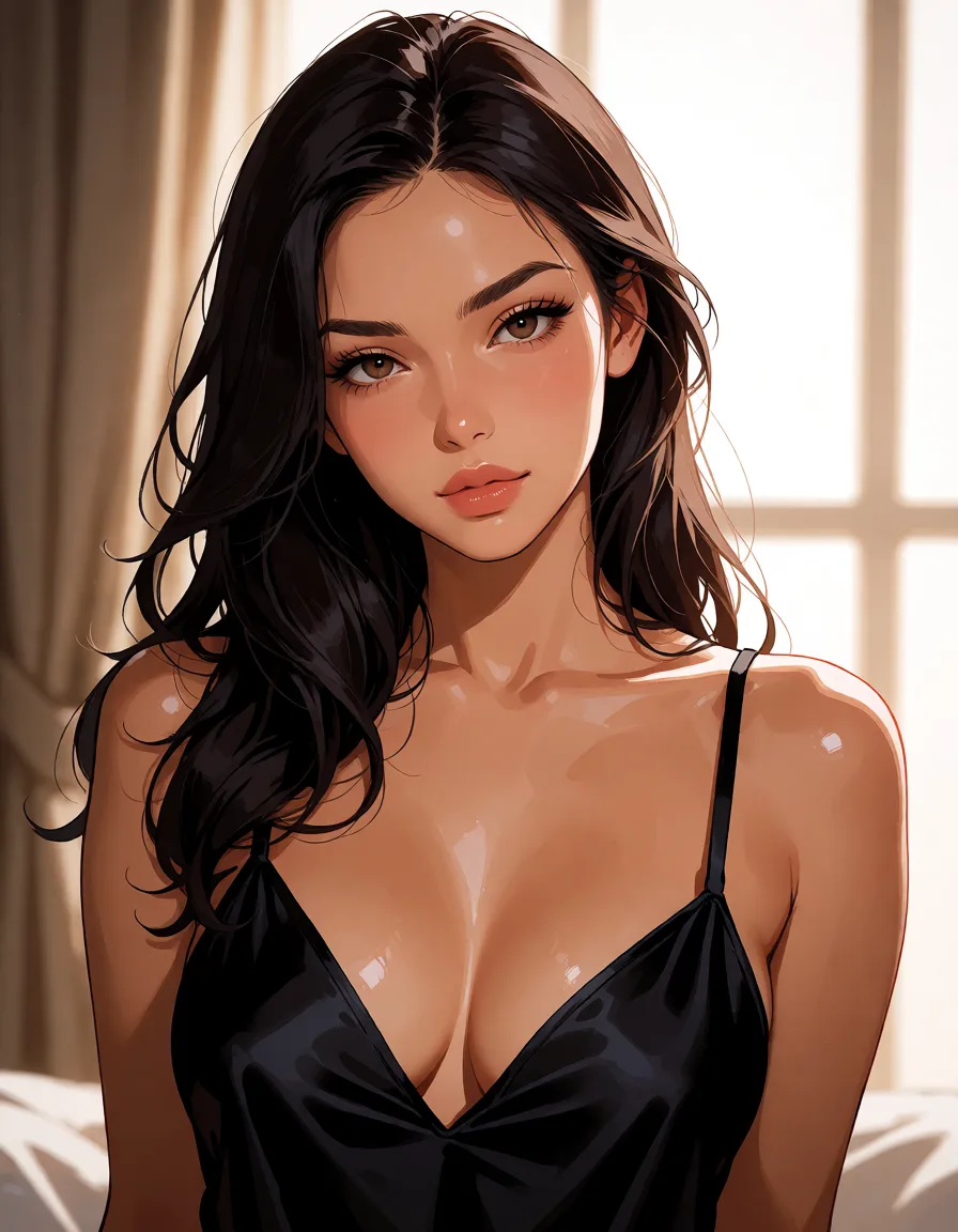 hentai anime art, a woman with long dark hair in a black silk slip, soft window light, shot on film, clean lineart, smooth cel shading, glossy highlights, saturated warm colour, drawn illustration, strikingly beautiful, radiant complexion, early twenties