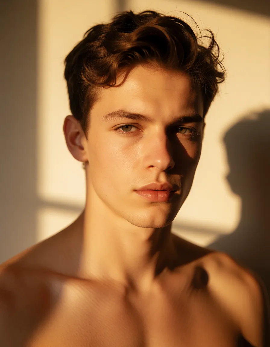 a photograph, Egirk sex male_focus, warm golden afternoon daylight, soft natural shadows, warm amber tones, gentle contrast, fine film grain, smooth clear skin, strikingly beautiful, radiant complexion, early twenties