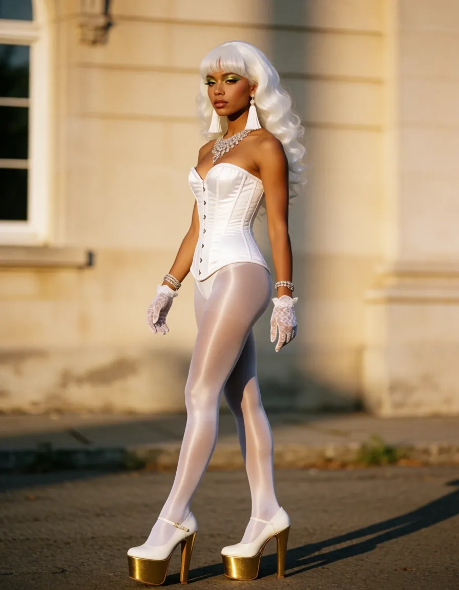 a photograph, Prostitute with HUGE GIGANTIC BREASTS, a very slender waist in a white corset, white shiny stockings, white shoes with extremely high gold heels and an extremely high gold platform, bright golden eyeshadow, voluminous large scarlet red lips, alabaster‑pink blush on the cheekbones, voluminous long eyelashes, Very long voluminous white slightly curled hair with a voluminous fringe, large white tassel earrings, a massive diamond necklace, bracelets, white lacy gloves. She is stand and preparing to take the stage. Her breasts are the largest and most majestic in the world.Her breasts are swollen to incredible, gigantic proportions.
giant black muscles giant with huge gigantic penis fucking her ass hardcore.
Side view., warm golden afternoon daylight, soft natural shadows, warm amber tones, gentle contrast, fine film grain, smooth clear skin, strikingly beautiful, radiant complexion, early twenties