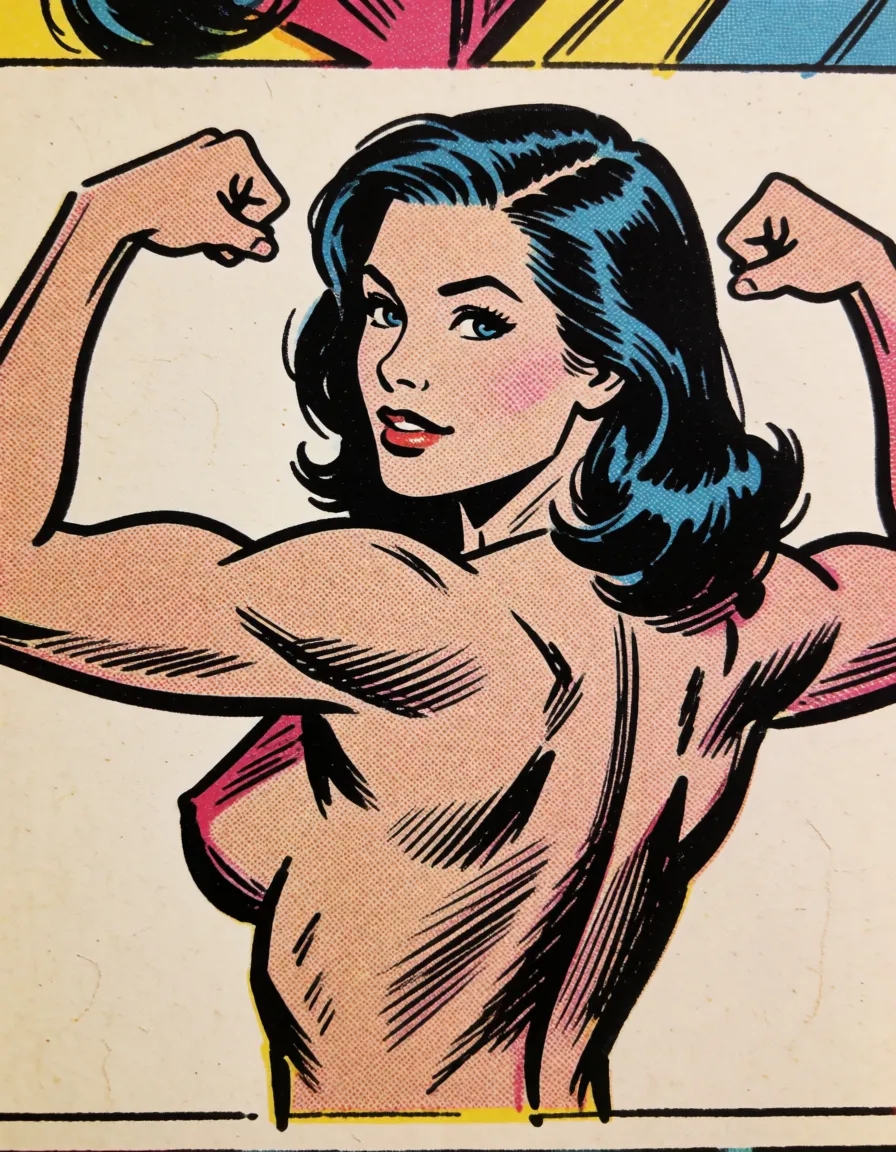 comic book art, woman with muscular biceps and back from behind big perky tits flexing wide hips thick thighs, bold black ink outlines, halftone dot shading, cross hatched shadows, flat four colour print palette, hard high contrast comic inking, printed comic page, strikingly beautiful, radiant complexion, early twenties