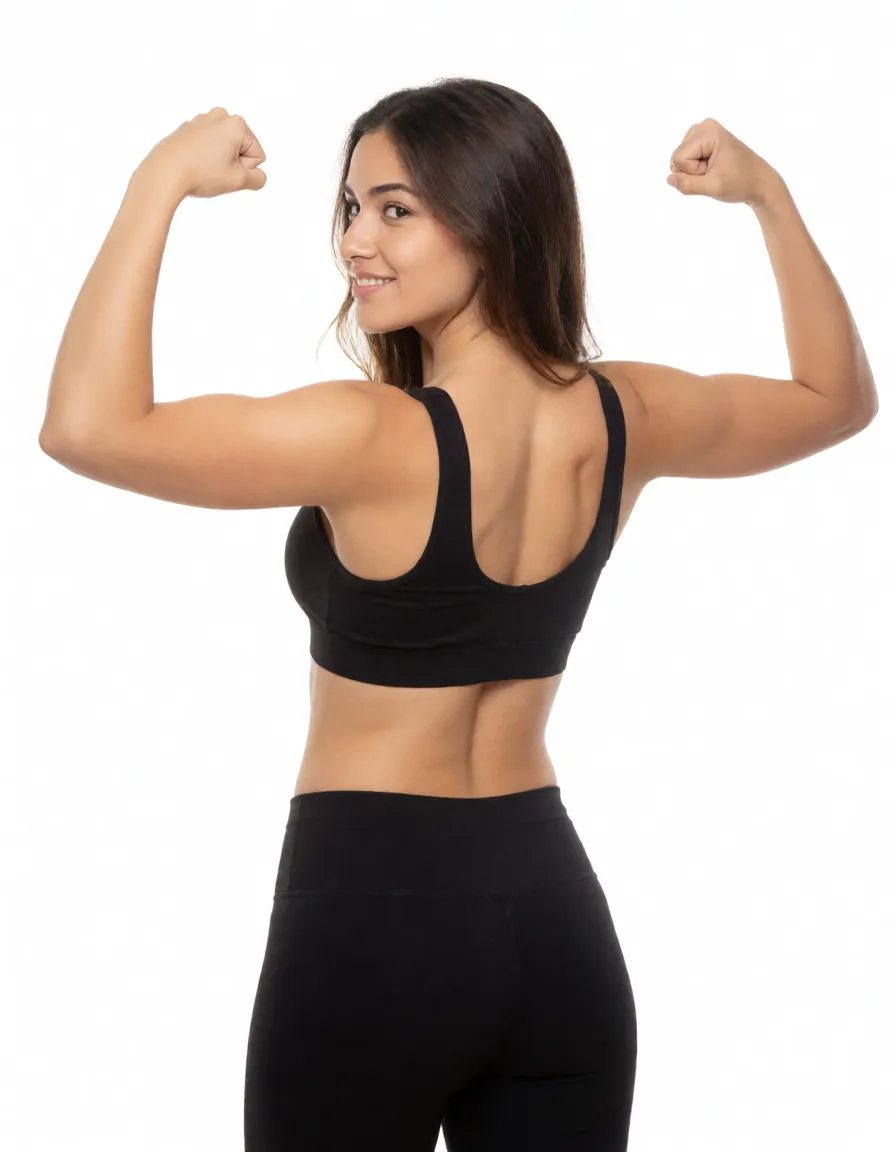 a studio photograph, woman with muscular biceps and back from behind big perky tits flexing wide hips thick thighs, even shadowless studio light, plain white background, clean rich colour, flawless polished skin, strikingly beautiful, radiant complexion, early twenties
