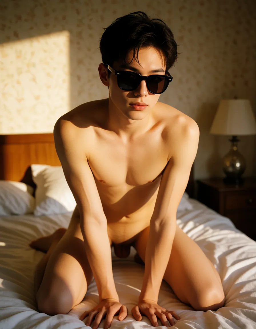 a photograph, professional photo, high detail, yaoi , kneeling on bed, sunglasses, film photography, warm golden afternoon daylight, soft natural shadows, warm amber tones, gentle contrast, fine film grain, smooth clear skin, strikingly beautiful, radiant complexion, early twenties