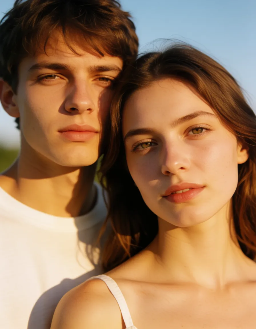 a photograph, парень трахает девушку в пизду, warm golden afternoon daylight, soft natural shadows, warm amber tones, gentle contrast, fine film grain, smooth clear skin, strikingly beautiful, radiant complexion, early twenties