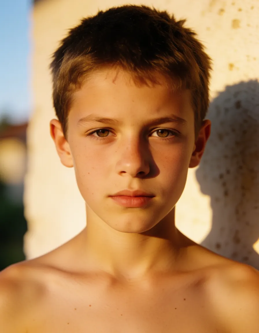 a photograph, The boy is performing oral sex, warm golden afternoon daylight, soft natural shadows, warm amber tones, gentle contrast, fine film grain, smooth clear skin, strikingly beautiful, radiant complexion, early twenties