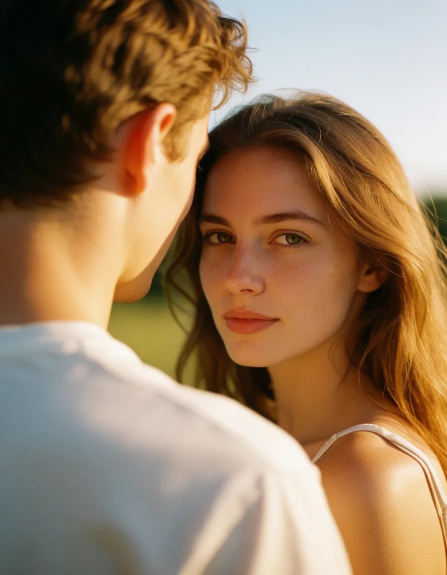 a photograph, amateur couple having doggy style sex, third person view, looking at the viewer, warm golden afternoon daylight, soft natural shadows, warm amber tones, gentle contrast, fine film grain, smooth clear skin, strikingly beautiful, radiant complexion, early twenties