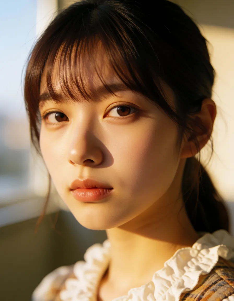 a photograph, highly detailed, natural lighting, office lady, swept bangs, frills, wet pussy, hyperrealistic, warm golden afternoon daylight, soft natural shadows, warm amber tones, gentle contrast, fine film grain, smooth clear skin, strikingly beautiful, radiant complexion, early twenties