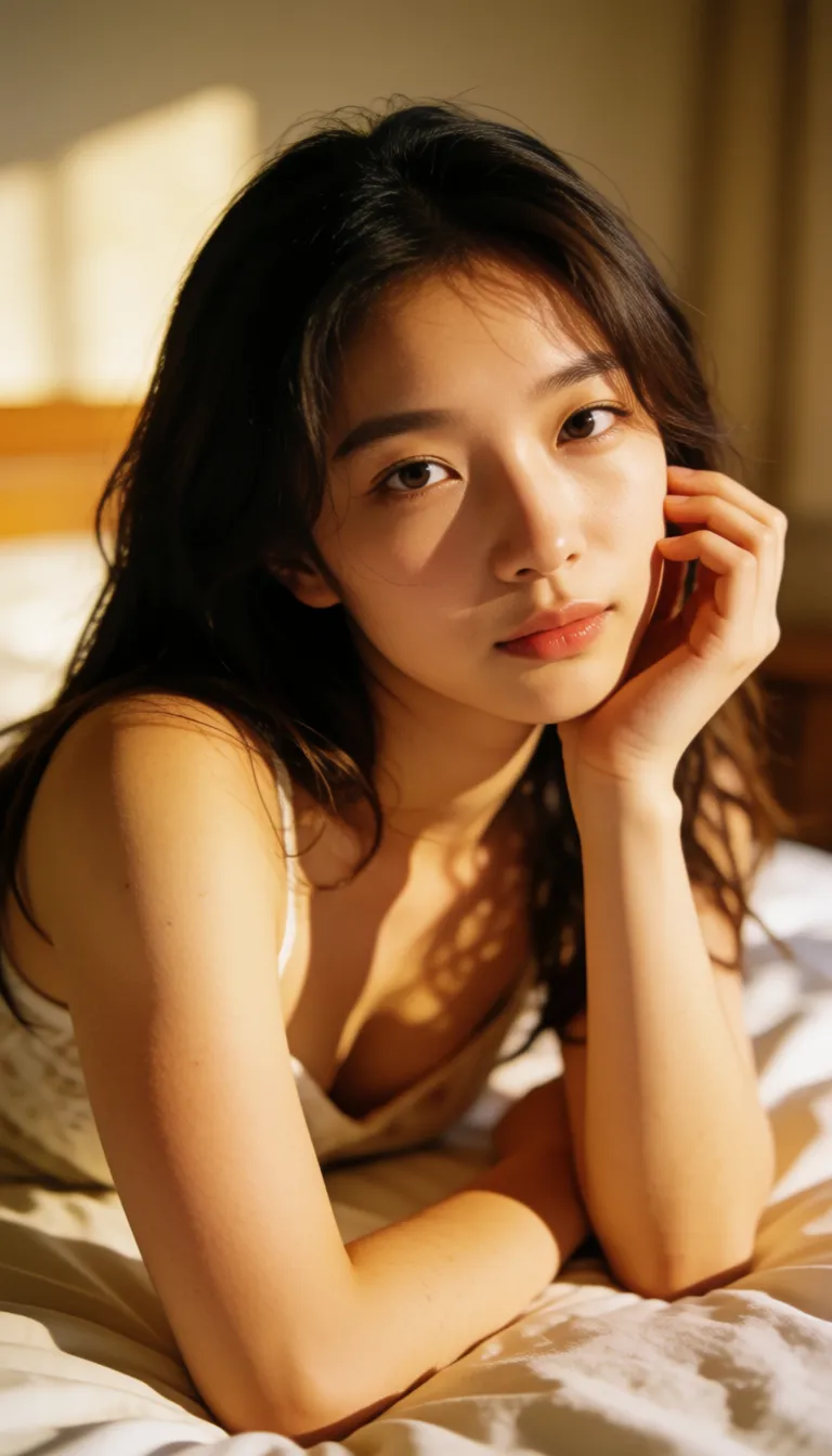 a photograph, 18 years lod woman nude on her bed, spr3ad legs, fingering her tight pussy, warm golden afternoon daylight, soft natural shadows, warm amber tones, gentle contrast, fine film grain, smooth clear skin, strikingly beautiful, radiant complexion, early twenties