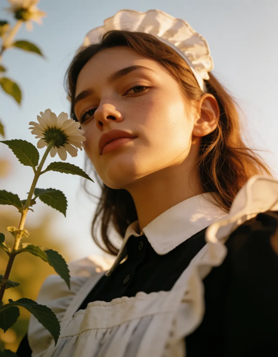 a photograph, 8k, sharp focus, detailed skin, from below, maid, fully nude, collarbone, plant, confident gaze, cinematic realism, warm golden afternoon daylight, soft natural shadows, warm amber tones, gentle contrast, fine film grain, smooth clear skin, strikingly beautiful, radiant complexion, early twenties