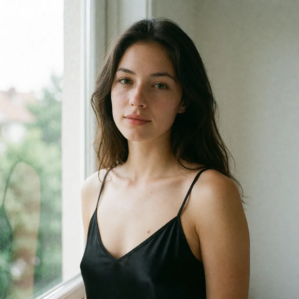 an amateur snapshot, a woman with long dark hair in a black silk slip, soft window light, shot on film, plenty of natural daylight, flat even light, casual unposed snapshot, natural everyday colour, mild noise, natural unretouched skin, strikingly beautiful, radiant complexion, early twenties
