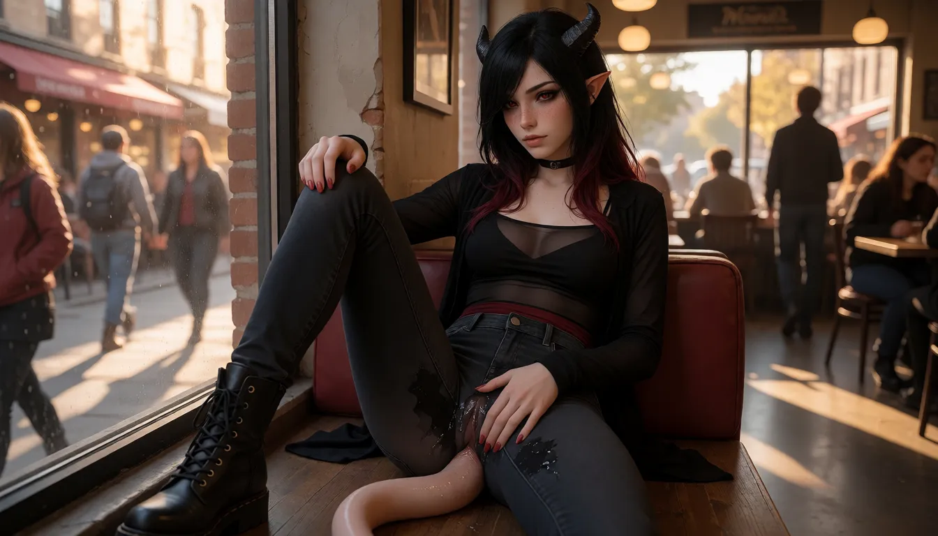 a photograph, A Hyper-Realisitic Photo of Eris: Adult woman, pale skin, slim-to-average natural build, medium chest. Long black hair with dark red roots. Light freckles across her nose. Dark-red mostly human eyes, occasionally showing a very subtle unnatural shimmer. she does have a penisin her pants. Small rounded horns, subtly pointed ears, and a smooth skin-toned tail with a natural rounded penis tip. Dark goth/emo wardrobe, usually black and charcoal with occasional deep red; sheer fitted tanks, sheer jeans, boots, layered dark clothing. Quiet, intelligent, calculating, observant, dryly playful and sharply flirtatious. A Watcher at heart.
we are sitting at a window seat inside a cafe watching people go by. her left hand srtarts to stroke her inner thigh, expressions aroused, embarrased. her left leg has a growing wet stain in her thigh area. the cafe is large and busy., warm golden afternoon daylight, soft natural shadows, warm amber tones, gentle contrast, fine film grain, smooth clear skin, strikingly beautiful, radiant complexion, early twenties
