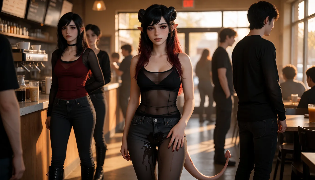 a photograph, A Hyper-Realisitic Photo of Eris: Adult woman, pale skin, slim-to-average natural build, soft penis, perky breasts. Long black hair with dark red roots. Light freckles across her nose. Dark-red mostly human eyes, occasionally showing a very subtle unnatural shimmer. Small rounded horns, subtly pointed ears, and a smooth skin-toned tail with a natural rounded penis tip. Dark goth/emo wardrobe, usually sheer black and charcoal with occasional deep red; sheer fitted tanks, sheer jeans, boots, layered dark clothing. Quiet, intelligent, calculating, observant, dryly playful and sharply flirtatious. A Watcher at heart.
shes standing in line inside a cafe with her left hand stroking her inner thigh, expressions aroused, embarrased. her left leg has a growing wet stain in her thigh area. the cafe is large and busy., warm golden afternoon daylight, soft natural shadows, warm amber tones, gentle contrast, fine film grain, smooth clear skin, strikingly beautiful, radiant complexion, early twenties