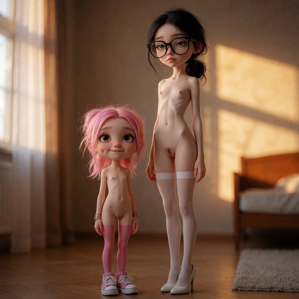 a photograph, Kira Vetrova Age: 20 years old. Figure: Height 158 cm. A miniature, fragile figure with thin wrists and narrow shoulders. Appearance: A round face with soft features, plump lips, which she bites from time to time, and big brown eyes, in which devils are constantly dancing. Bright pink hair (haircut square or a little longer, often in a mess), pronounced dimples on the cheeks when smiling and eternal light blush. Naked in pink stockings and sneakers. Varya ("Owl") Age: 19 years old. Figure: Height about 165 cm. Slender, thin, with a little stooped posture (the habit of reading or sitting at the tablet). Movements are stingy, thrifty, almost mechanical. Appearance: Pale skin, often looks a little sleepy or detached. The face is oval, the features are correct, but soft. The eyes are attentive, deeply set, almost always hidden behind a massive frame of glasses. The hair is dark, usually gathered in a careless bun or tail, so as not to interfere. Naked in white stockings and high-heeled shoes. Standing in full growth in sexy poses, warm golden afternoon daylight, soft natural shadows, warm amber tones, gentle contrast, fine film grain, smooth clear skin, strikingly beautiful, radiant complexion, early twenties