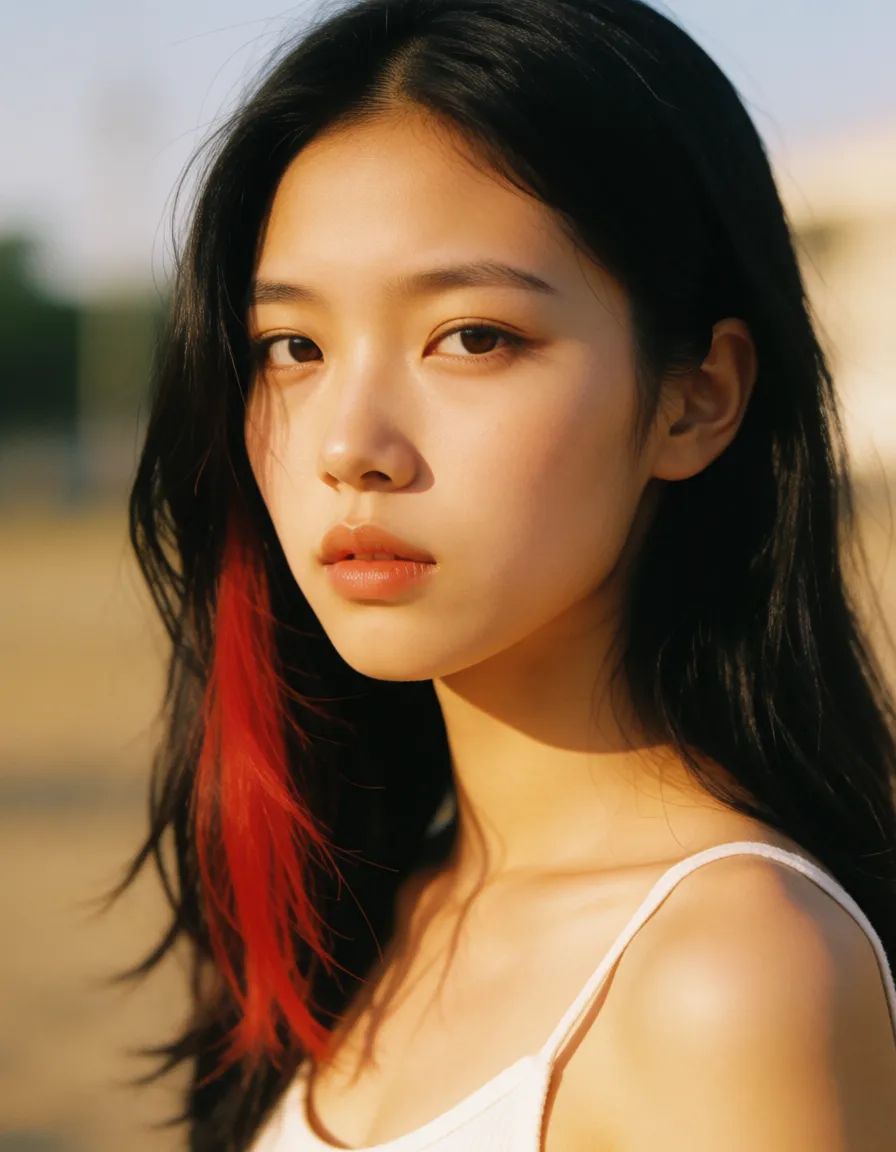 a photograph, 19yo ,Asian cute woman, penetration anus, realistic skin,orgasm face, leg_up , realistic pussy. Detail anus, long black hair with a red tip near the face,., warm golden afternoon daylight, soft natural shadows, warm amber tones, gentle contrast, fine film grain, smooth clear skin, strikingly beautiful, radiant complexion, early twenties