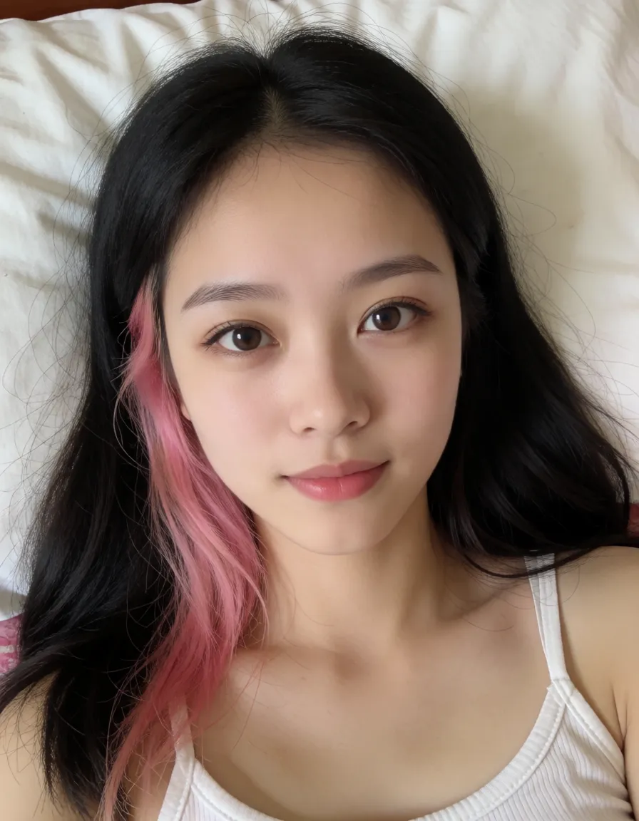 an amateur snapshot, 19yo ,European perfect  beautiful cute woman, penetration anus, realistic skin, side_slit , realistic pussy. Detail anus,nude,anal sex , lying on back, true perfect face .long black hair with pink tips on the sides near the face, ,woman masturbation penis. Suprised face,makeup eyes, background woman room. Another woman assisted sex,, plenty of natural daylight, flat even light, casual unposed snapshot, natural everyday colour, mild noise, natural unretouched skin, strikingly beautiful, radiant complexion, early twenties
