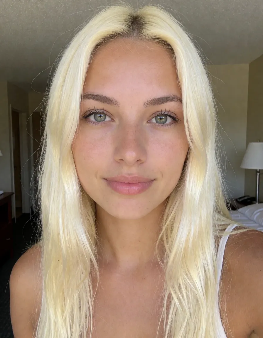 an amateur snapshot, 19yo woman. Perfect cute beautiful Latina woman. Nude. Detail skin, cowgirl, anal sex. Detail penis. very bright blonde hair, cute emote , cheap motel room., plenty of natural daylight, flat even light, casual unposed snapshot, natural everyday colour, mild noise, natural unretouched skin, strikingly beautiful, radiant complexion, early twenties