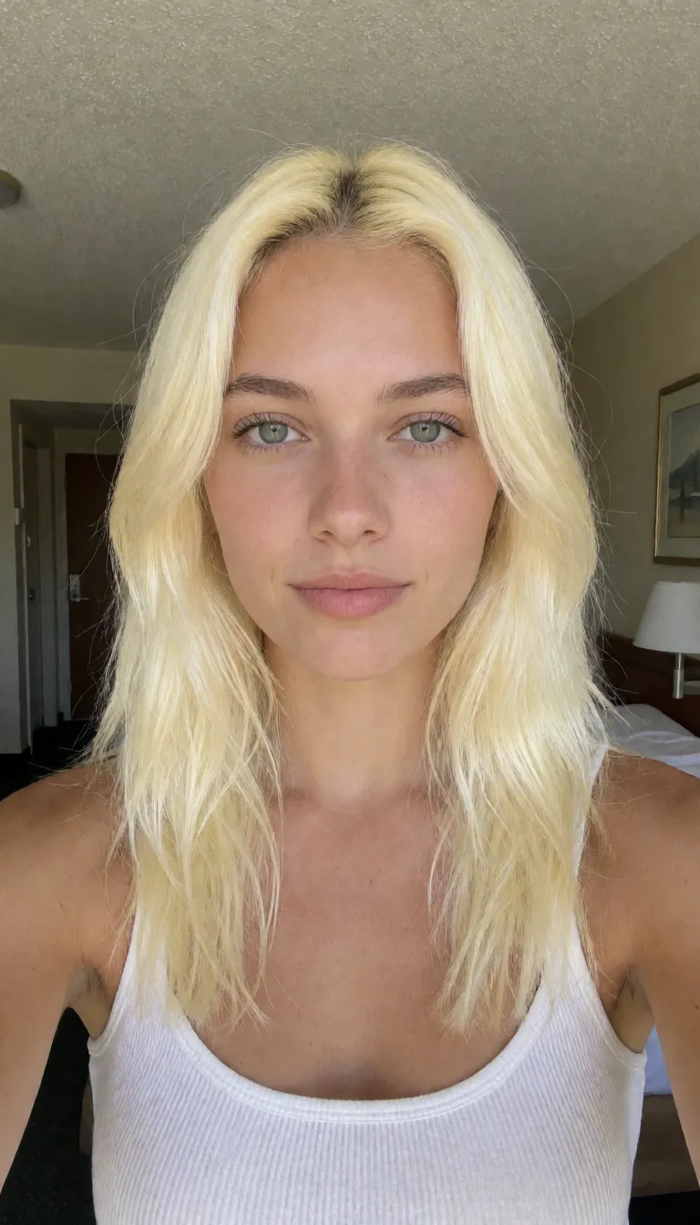an amateur snapshot, 19yo woman. Perfect cute beautiful Latina woman. Nude. Detail skin, cowgirl,Detail penis. very bright blonde hair, cute emote , cheap motel room. vaginal ,sex, doggystyle , bath, plenty of natural daylight, flat even light, casual unposed snapshot, natural everyday colour, mild noise, natural unretouched skin, strikingly beautiful, radiant complexion, early twenties