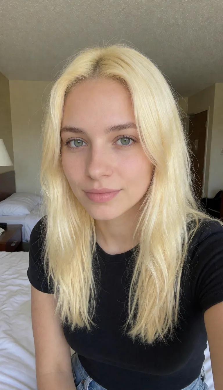 an amateur snapshot, 19yo woman. Perfect cute beautiful Latina woman. Nude. Detail skin,Detail penis. very bright blonde hair, orgasm emote , cheap motel room. vaginal ,sex, doggystyle , bed, wet pussy. perfect beautiful face., plenty of natural daylight, flat even light, casual unposed snapshot, natural everyday colour, mild noise, natural unretouched skin, strikingly beautiful, radiant complexion, early twenties