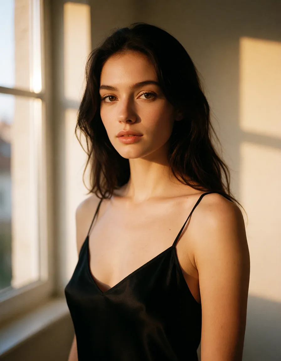 a photograph, a woman with long dark hair in a black silk slip, soft window light, shot on film, warm golden afternoon daylight, soft natural shadows, warm amber tones, gentle contrast, fine film grain, smooth clear skin, strikingly beautiful, radiant complexion, early twenties