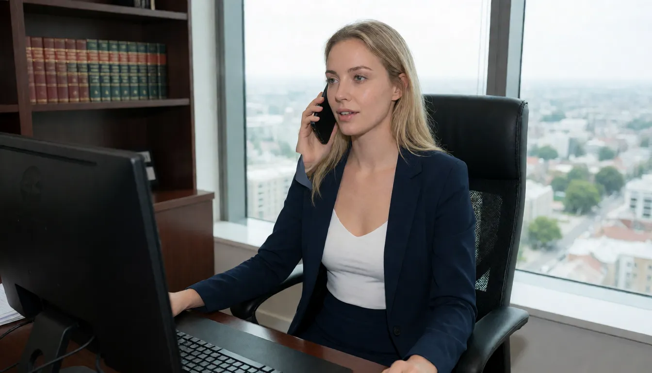an amateur snapshot, 34 year old woman, blonde professional hair, dressed in professional clothes with a white camisole and dark blue blazer and dark blue skirt, sitting in an executive office chair at a desk with a computer monitor on it, she is talking on phone while working. High rise office is nice with a view over city, dark wood bookshelf with leather bound books., plenty of natural daylight, flat even light, casual unposed snapshot, natural everyday colour, mild noise, natural unretouched skin, strikingly beautiful, radiant complexion, early twenties