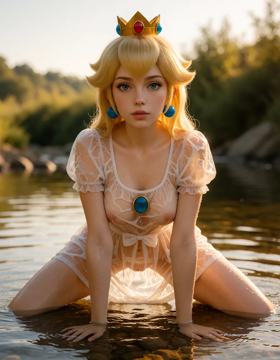 a photograph, Princess Peach in a wet transparent dress, pubison all fours in a river, legs spread wide, highly detailed shaved pubis. back_bow, warm golden afternoon daylight, soft natural shadows, warm amber tones, gentle contrast, fine film grain, smooth clear skin, strikingly beautiful, radiant complexion, early twenties