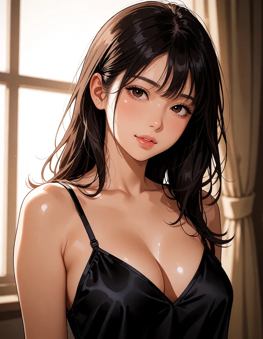 hentai anime art, A otoko_no_ko with long dark hair in a black silk slip, soft window light, shot on film, clean lineart, smooth cel shading, glossy highlights, saturated warm colour, drawn illustration, strikingly beautiful, radiant complexion, early twenties