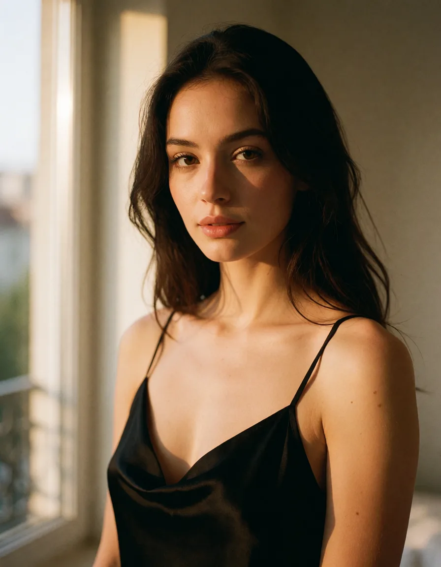 a photograph, a woman with long dark hair in a black silk slip, soft window light, shot on film sex, warm golden afternoon daylight, soft natural shadows, warm amber tones, gentle contrast, fine film grain, smooth clear skin, strikingly beautiful, radiant complexion, early twenties