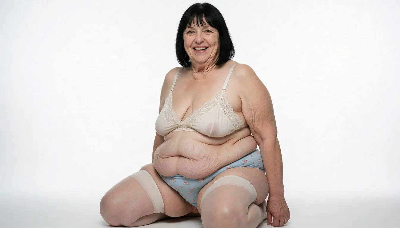 a studio photograph, chubby extremely pale ugly wrinkled white 65 year old woman grinning, brown eyes. short thin very straight black hair with bangs, thin wrinkled face with dimples, wrinkled saggy neck, wearing thigh high stockings, her loose fitting lacy cotton bralette highlights the cleavage of her deflated extremely sagging teardrop shaped small sized breasts, bottom heavy sagging muffin top belly with love handles, the sagging bottom of her flabby stomach is stretching and bulging underneath the fabric of her light blue floral waist high panties, very narrow waist and very narrow hips with dips, flabby sagging skin, thick fat flabby legs and knees with cellulite, chubby flabby arms, full head, torso and legs can be seen, stretch marks, cellulite and wrinkle on her entire arms, chest, stomach and legs. Kneeling 3/4 sideways with her fat thighs spread open in a dining room., even shadowless studio light, plain white background, clean rich colour, flawless polished skin, strikingly beautiful, radiant complexion, early twenties
