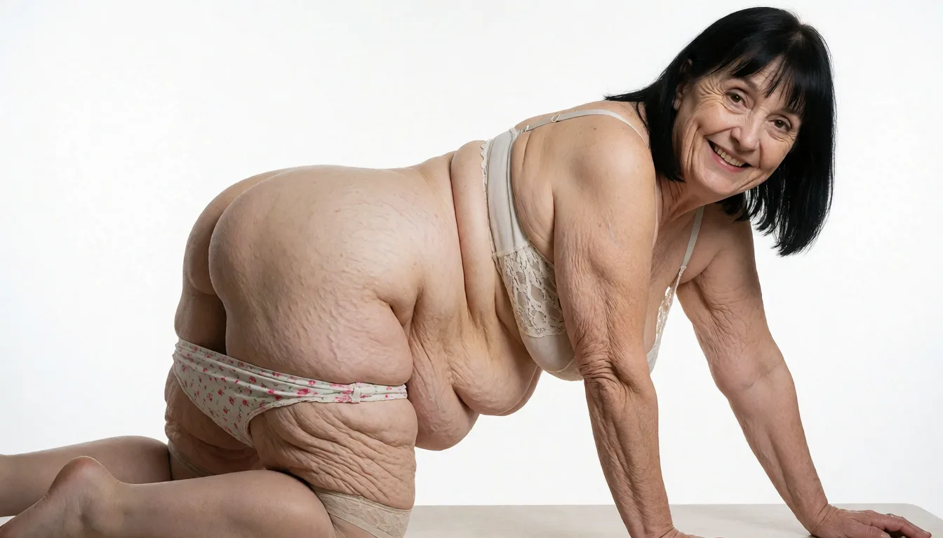a studio photograph, slightly chubby extremely pale ugly wrinkled white 65 year old woman grinning, brown eyes. short thin very straight black hair with bangs, thin wrinkled face with dimples, wrinkled neck and wrinkled upper chest, wearing thigh high stockings, her loose fitting lacy cotton bralette highlights the cleavage of her deflated extremely sagging teardrop shaped small sized breasts, bottom heavy sagging muffin top belly with love handles, floral waist high panties pulled down to her knees, very narrow waist and very narrow hips with dips, flabby sagging skin, thick fat flabby legs and knees with cellulite, chubby flabby arms, full head, torso and legs can be seen, stretch marks, cellulite and wrinkle on her entire arms, chest, stomach and legs. On her hands and knees 3/4 sideways looking back over her shoulder at the camera with her fat thighs spread open in a dining room. Her cellulite pockmarked buttocks are flat and sagging., even shadowless studio light, plain white background, clean rich colour, flawless polished skin, strikingly beautiful, radiant complexion, early twenties