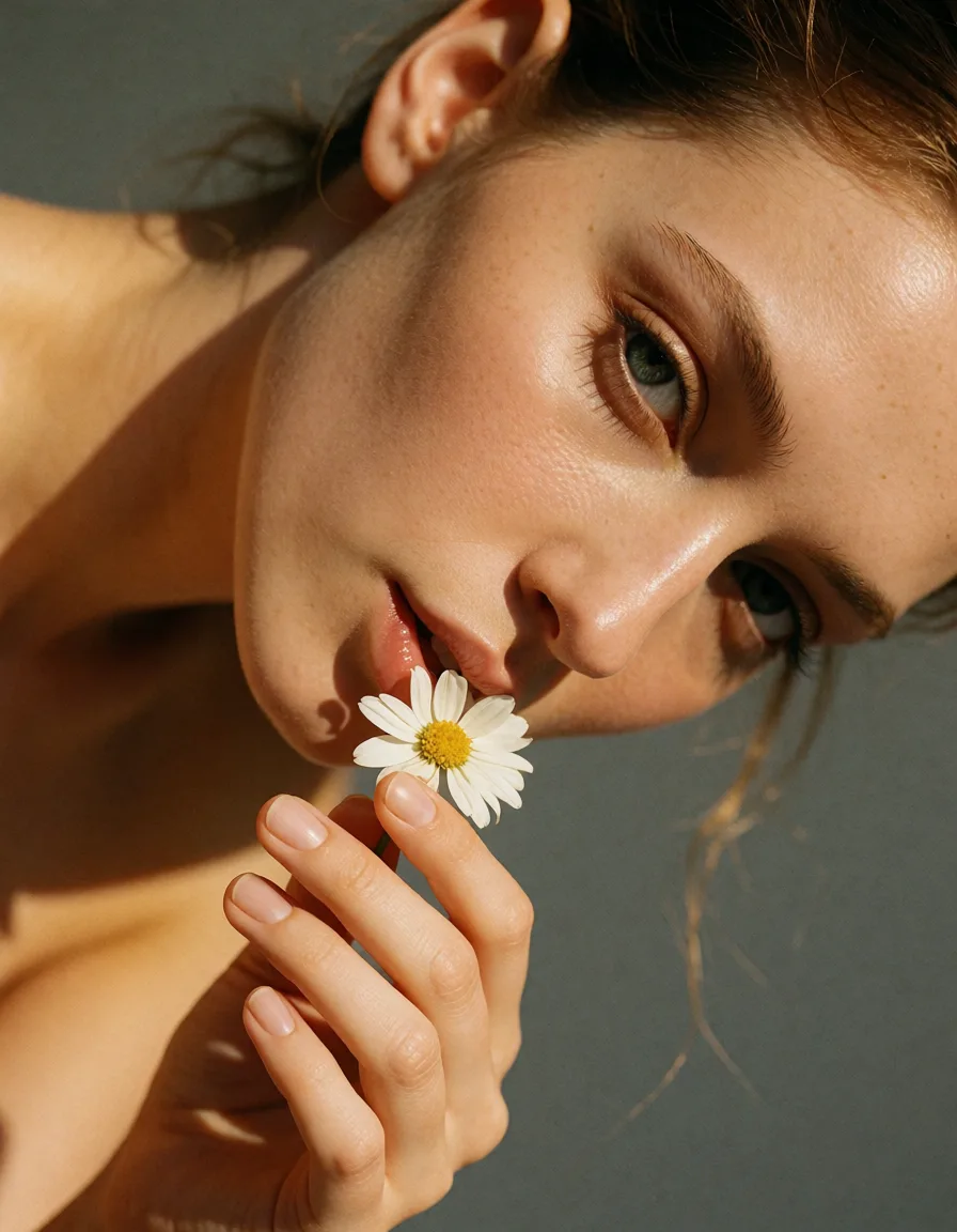 a photograph, dslr, film grain, photorealistic, 1other, fingernails, flower, bent over, grey background, extreme close-up, cinematic realism, warm golden afternoon daylight, soft natural shadows, warm amber tones, gentle contrast, fine film grain, smooth clear skin, strikingly beautiful, radiant complexion, early twenties